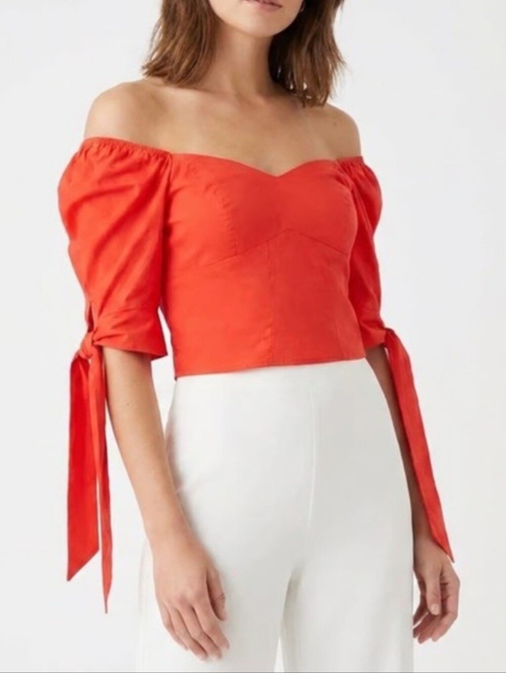 Womens Express Coral-Red Orange Puff Sleeve Tie Cuff Blouse Shirt Top Size Small